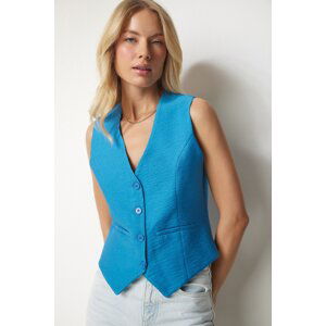 Happiness İstanbul Women's Blue V-Neck Stylish Airobine Vest