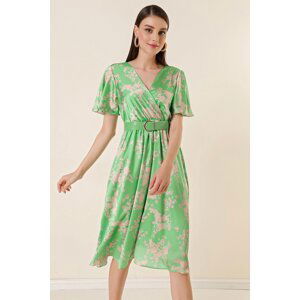 By Saygı Front Back Double Breasted Collar Lined Floral Satin Dress Green