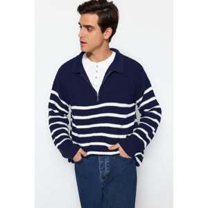 Trendyol Navy Blue Oversize Fit Wide Fit Polo Neck Striped Knitwear Sweater