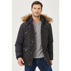 ALTINYILDIZ CLASSICS Men's Navy Blue Standard Fit Removable Shearling Hood, Patterned Patterned Cold-Resistant Woolen Cachet Coat.