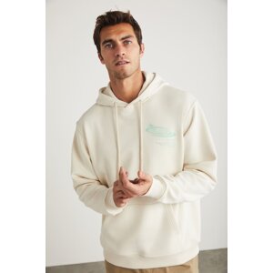 GRIMELANGE Claude Men's Hooded Print Detail Stone Color Sweatshirt with Kangaroo Pocke