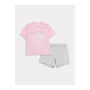 LC Waikiki Crew Neck Printed Short Sleeve Girls' Shorts Pajamas Set