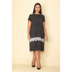 Şans Women's Plus Size Black Polka Dot Patterned Lace Detailed Woven Viscose Dress