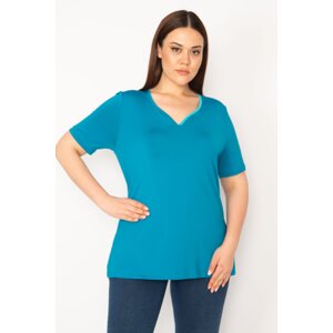 Şans Women's Green Plus Size Single Collar Pleated Sports Blouse