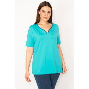 Şans Women's Turquoise Plus Size Sporty Blouse with a piping collar