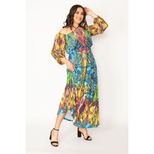 Şans Women's Plus Size Colorful Halter Neck Sleeve Detailed Colorful Dress