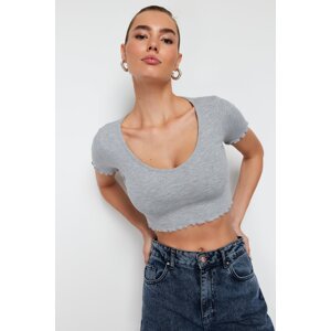 Trendyol Gray Melange Pool Neck Baby Overlock Detail Crop Ribbed Elastic Knitted Blouse