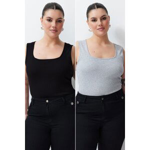 Trendyol Curve 2-Pack Black-Grey Basic Ribbed Knitted Square Neck Undershirt