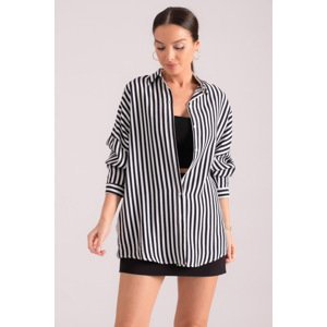 armonika Women's Black and White Thin Striped Oversize Long Basic Shirt