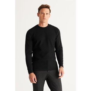 ALTINYILDIZ CLASSICS Men's Black Standard Fit Normal Cut Crew Neck Jacquard Knitwear Sweater.