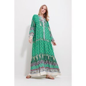 Šaty Trend Alaçatı Stili pre ženy, zelené, s veľkým golierom a vzorovaným šálom, maxi dĺžka