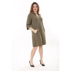 Şans Women's Plus Size Khaki V Neck Pocket Crepe Dress