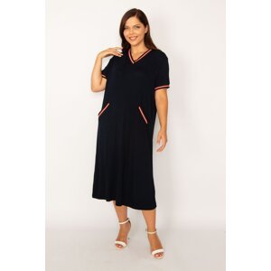 Şans Women's Plus Size Navy Blue Ribbed Detailed V-neck Dress with Pocket