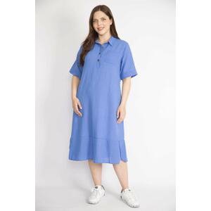 Şans Women's Blue Plus Size Front Pat Buttoned Side Pockets Tiered Hem Dress