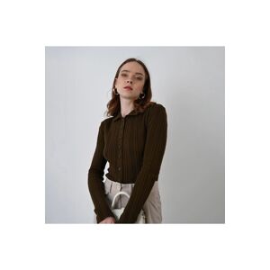 Laluvia Brown Melange Polo Neck Buttoned Knitted Cardigan