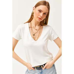 Olalook Women's Ecru Deep V-Neck Modal Touch T-Shirt