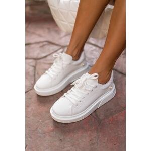 Madamra White Women's Round Toe Pearl Detailed Lace-Up Front Sneaker.