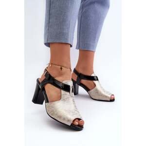 Women's high-heeled sandals made of eco leather, gold and black Queenmarie