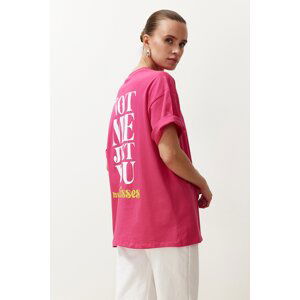 Trendyol Fuchsia 100% Cotton Back and Front Motto Printed Oversize/Comfortable Fit Knitted T-Shirt