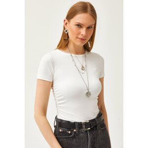 Olalook Women's Ecru Side Gathered Soft Button Crop T-Shirt