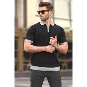 Madmext Black Zipper Detailed Polo Collar Men's T-Shirt 6874