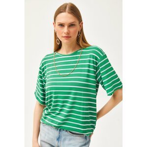 Olalook Women's Grass Green Striped Casual T-Shirt