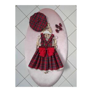 N7995 Dewberry Baby Plaid Salopette Dress & Hat & Buckle Set-RED