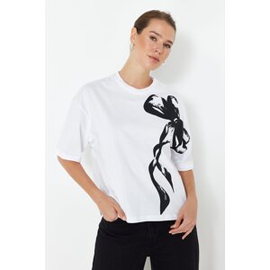 Trendyol White 100% Cotton Ribbon Printed Oversize/Wide Fit Crew Neck Knitted T-Shirt