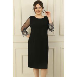 By Saygı Plus Size Lined Dress With Tulle Beads And Floral Embroidery On The Sleeves