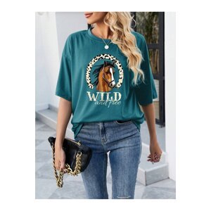 Know Women's Petrol Blue Horse Printed Oversize T-shirt