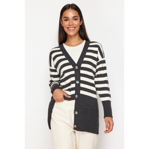 Trendyol Anthracite V-Neck Striped Knitwear Cardigan