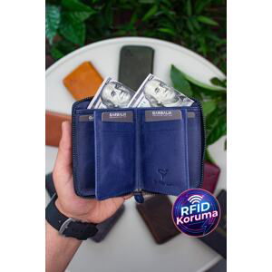 Garbalia Fargo Vintage Leather Rfid Blocker Zippered Navy Blue Unisex Card Holder Wallet