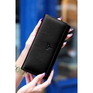 Garbalia Women's Black Angel Genuine Leather Cell Phone Compartment Wallet
