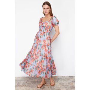 Trendyol Blue Floral Patterned A-Line Gipe Detailed Maxi Lined Chiffon Woven Dress