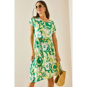 XHAN Green Crew Neck Elastic Waist Patterned Dress