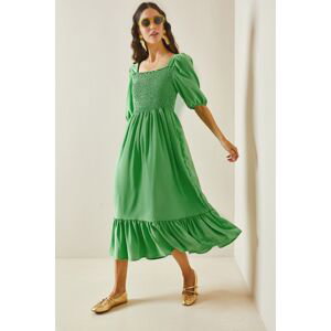 XHAN Green Square Neck Gype Midi Dress