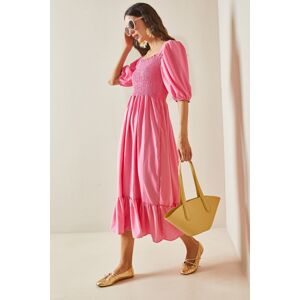 XHAN Pink Square Collar Gimped Midi Dress