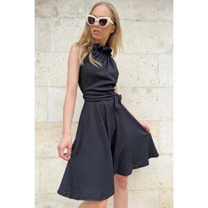 Trend Alaçatı Stili Women's Black Flared Dress with Smocking Detail and Belt