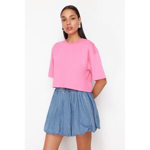 Trendyol Premium Pink 100% Cotton Basic Crop Knitted T-Shirt