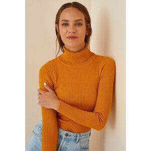 Happiness İstanbul Women's Mustard Turtleneck Corduroy Lycra Sweater