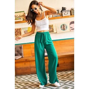 Olalook Women's Emerald Green Belted Weave Viscose Palazzo Pants