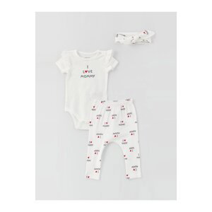 LC Waikiki Crew Neck Short Sleeve Printed Baby Girl's Body Pants With Snap Fastener And Headband 3-Set.