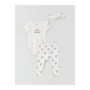 LC Waikiki Crew Neck Short Sleeve Printed Baby Girl's Body Pants With Snap Fastener And Headband 3-Set.