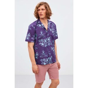 GRIMELANGE Almeira Men's 100% Cotton Poplin Fabric Patterned Summer Purple Shirt