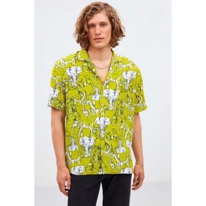 GRIMELANGE Evora Men's Tiril Tiril Fabric Loose Woven Wide Fit Summer Green Shirt