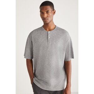 GRIMELANGE Millard Men's Button Collar Comfort Fit Special Textured Gray T-Shirt with Gray Look