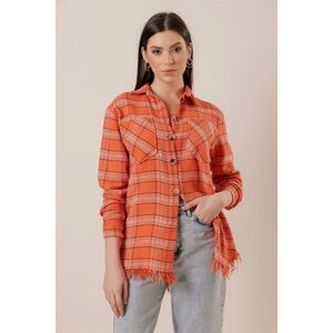 By Saygı Large Checkered Shanel Shirt Orange with Tassels Skirt