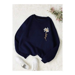 Know Women's Navy Blue Daisy Printed Crewneck Sweatshirt.