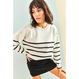 Bianco Lucci Women's Striped Knitwear Sweater with Stone Embroidered Shoulders