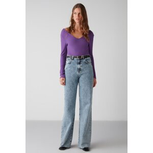 GRIMELANGE Felicia Women's Knitwear Look Fabric, Wide Ribbed, Flexible Texture, Purple Body with Six Snaps